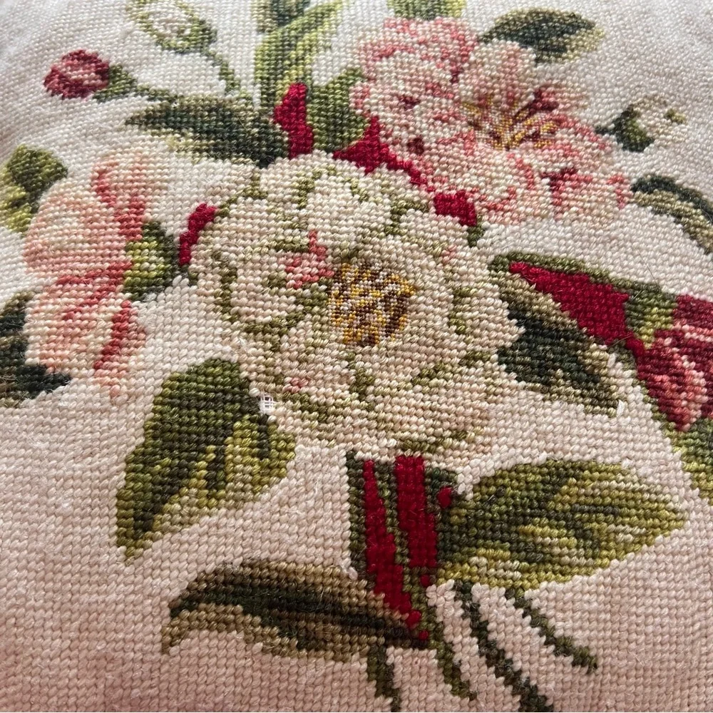 Vintage Needlepoint Pillow with Ruffle Trim – 14”x14” (+2” Ruffle)